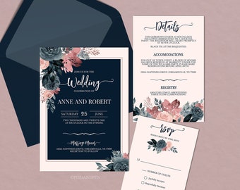 Navy und Mauve HochzeitSeinladung, Blush Druckbare Einladung, RSVP und Details, Sofortiger Download, Bearbeitbarer Text, Corjl #007-01WI