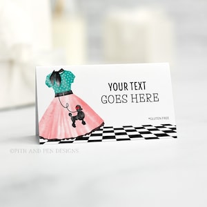 May include: A white card with a black and white checkered pattern at the bottom. A cartoon illustration of a woman in a pink and teal dress with a black poodle on a leash. The text "YOUR TEXT GOES HERE" is printed in black on the card. The text "*GLUTEN FREE" is printed in black at the bottom of the card.