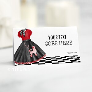 May include: A printable place card featuring a cartoon illustration of a woman in a red and black 1950s style dress with a poodle. The text "YOUR TEXT GOES HERE" is printed on the card. The card is designed for a 50s themed party.