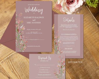 May include: A mauve wedding invitation suite with a floral design. The invitation includes the names Elizabeth Baldwin and Eric Sanders, the date and time of the wedding, and the location. The details card includes information about the ceremony, reception, and accommodations. The RSVP card includes a space for the number of guests, a choice to accept or decline, and a space for dietary requirements.
