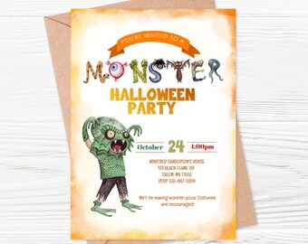 May include: A Halloween party invitation with a monster theme. The invitation features a green monster with a toothy grin and the text "You're invited to a Monster Halloween Party". The invitation also includes the date, time, and location of the party.