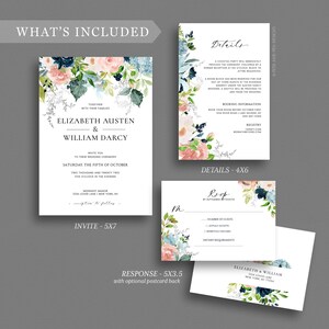 Wedding Invitation Set, Navy and Pink Wedding, Printable Invite, RSVP ...