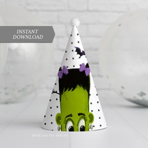 Frankenstein Girl Party Hat, DIY Birthday Party, Printable Party Decor, #047-63PH