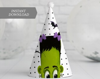 May include: A printable party hat featuring a green Frankenstein monster with purple bows and black polka dots. The text "INSTANT DOWNLOAD" is in the top left corner.