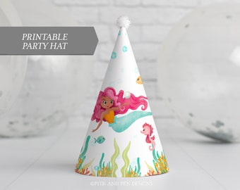 Mermaid Party Hat, Pool Party Birthday, Printable Party Decor, #064-39PH