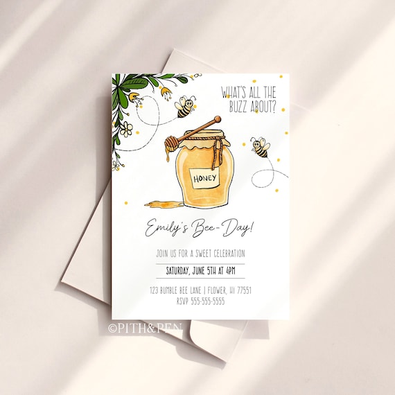 Editable Honey Bee Birthday Party Invitation, DIY Printable Card, Instant Download, Corjl #039-39PI