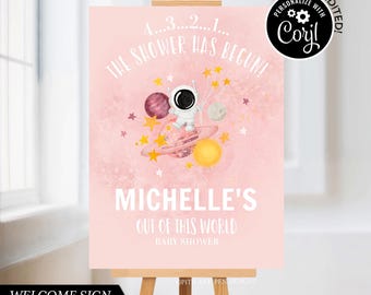 Space Baby Girl Shower Sign | Countdown Has Begun | Editable and Printable - Corjl #042-32WS
