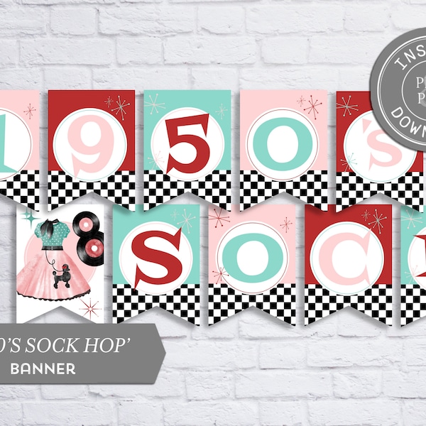 1950's Sock Hop Party Banner, Soda Fountain Party, Instant Download, 049-44B