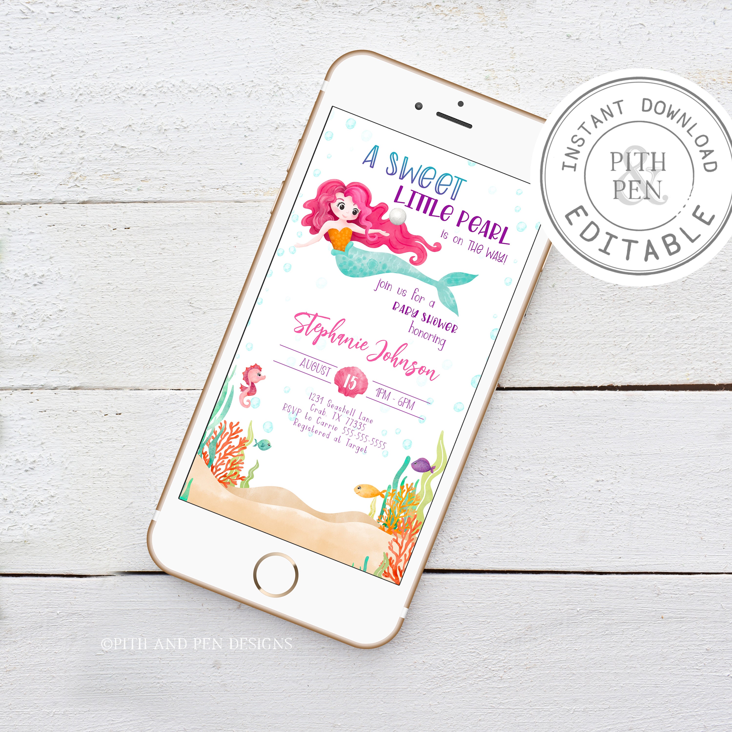 Digital Mermaid Baby Shower Invitation Pool Party Evite Instant Download Corjl 06462DI