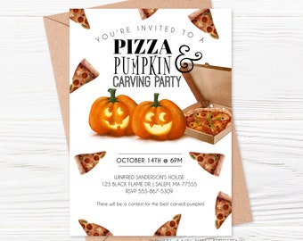 Editable Pizza and Pumpkin Carving Party Invitation, Kids Halloween, Corjl #014-79PI