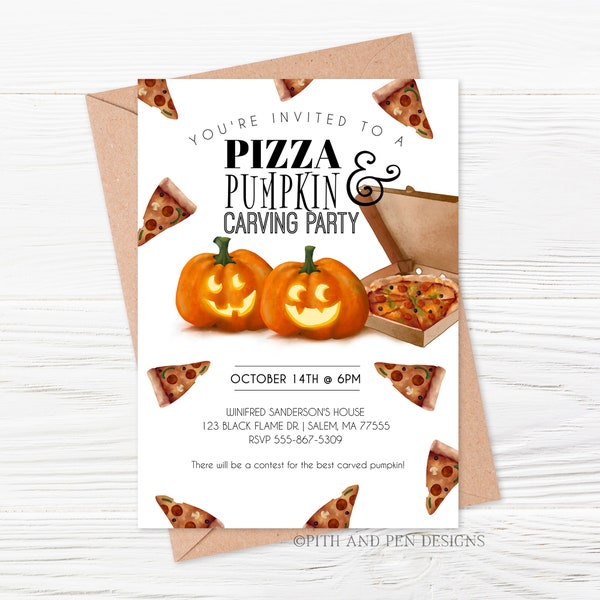 Editable Pizza and Pumpkin Carving Party Invitation, Kids Halloween, Corjl #014-79PI