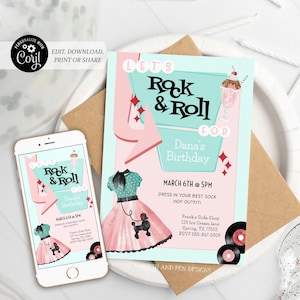Retro 50&#39;s Birthday Party Invitation | Sock Hop | Printable and Digital - Corjl #049-02PI