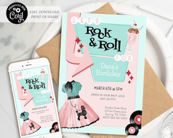 Retro uitnodiging voor verjaardagsfeestje jaren 50 | Sokhop | Afdrukbaar en digitaal: Corjl #049-02PI