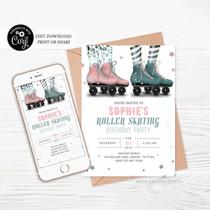 Retro Roller Skating Birthday Invitation | Green and Pink | Printable and Digital - Corjl #048-17PI
