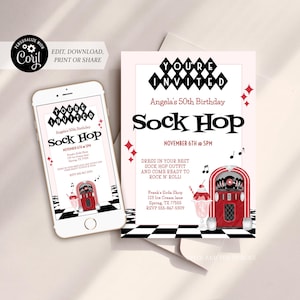 Retro 50&#39;s Jukebox Birthday Invitation | Red and Black Sock Hop | Printable and Digital - Corjl #062-15PI