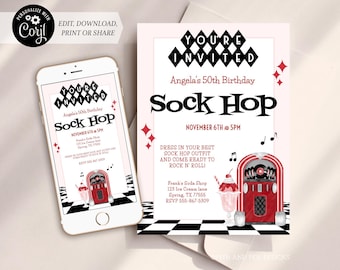 Invitación de cumpleaños con rocola retro de los años 50 / Salto de calcetines en rojo y negro / Imprimible y digital - Corjl #062-15PI