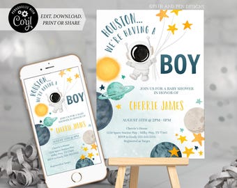 Space Astronaut Baby Boy Shower Invitation | Houston...We're Having a Boy | Printable and Digital - Corjl #041-01PI