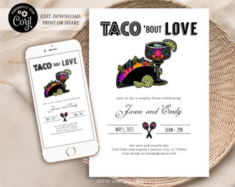 May include: A white invitation with black text for a couples fiesta celebrating Jason and Emily. The invitation features a black and white illustration of a taco with a margarita glass. The text "Taco 'Bout Love" is at the top of the invitation. The date is May 5, 2023, and the time is 10 AM to 2 PM. The location is "the taco and tequila bar" at 1234 lime and tequila, Mexico City, TX 77834. The RSVP information is "rsvp margo at margo@yahoo.com".