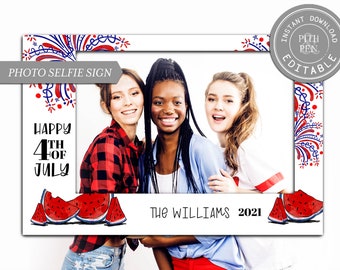 4th of July Photo Booth Sign, DIY Printable Selfie Frame, Instant Download, Corjl #036-23PB