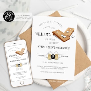 Cornhole Birthday Invitation | Whiskey, Brews and Cornhole | Printable and Digital - Corjl #070-27PI