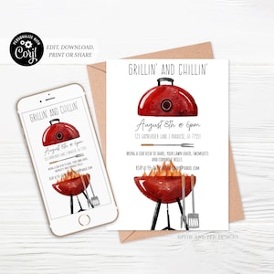 May include: A red watercolor-style invitation with the text "Grillin' and Chillin'" and a graphic of a red grill. The invitation includes event details: August 8th at 6 pm, location, and RSVP information. A smartphone displays the same design.