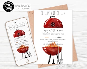 May include: A red watercolor-style invitation with the text "Grillin' and Chillin'" and a graphic of a red barbecue. The invitation includes event details: August 8th at 6 pm, location, and RSVP information. A smartphone displays the same design.