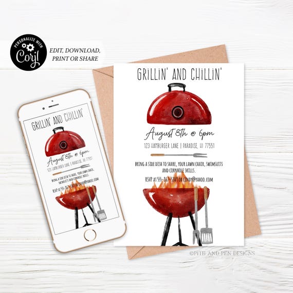 BBQ Party Invitation | Grill and Chill | Printable and Digital - Corjl #037-23PI