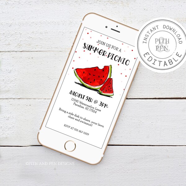 Digital Summer Picnic Invitation, Summer Phone Evite, Instant Download, Corjl #037-10DI