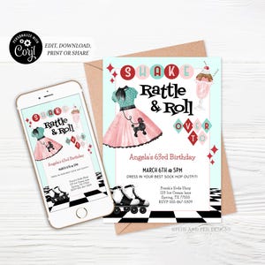 Retro 50&#39;s Birthday Party Invitation | Sock Hop | Printable and Digital - Corjl #049-08PI