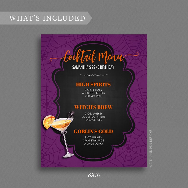 May include: A Halloween-themed cocktail menu with a purple background featuring a spiderweb design. The menu includes three cocktail recipes: High Spirits, Witch's Brew, and Goblin's Gold. The text "Cocktail Menu" is in orange script.