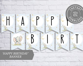 Happy Birthday Banner, Baby Elephant Party, Instant Download, 059-31B
