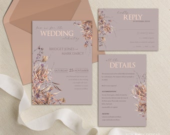 May include: A wedding invitation suite with a gray background and floral illustrations. The invitation features the text "Join us for the Wedding celebrating Bridget Jones and Mark Darcy Saturday 25 November". The RSVP card has the text "Kindly Reply by November Tenth". The details card has the text "All the Details".