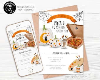 Pizza and Pumpkin Painting Party Invitation | Kids Halloween | Printable and Digital - Corjl #014-126PI
