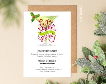 Christmas Martini Party Invitation, Adult Holiday Party Template, DIY Christmas Cocktail, Corjl #017-28CHI