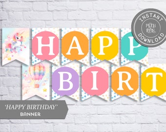Banner de feliz cumpleaños de unicornio, fiesta arcoíris, descarga instantánea, 081-05B