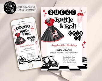 May include: A pink and red invitation with a black and white checkered background. The invitation says "Shake Rattle & Roll Over To Angela's 63rd Birthday" and includes a cartoon image of a woman in a red and black dress and roller skates.