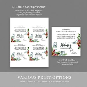 Puede incluir: Etiquetas imprimibles para un kit de cocci&oacute;n de potpourri navide&ntilde;o con un dise&ntilde;o floral de acuarela. Las etiquetas incluyen el texto "Holiday Potpourri Simmering Kit" y "From Helen Griswold". La imagen muestra dos dise&ntilde;os de etiquetas diferentes: varias etiquetas por p&aacute;gina y una sola etiqueta.