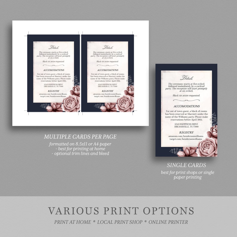 K&ouml;nnte beinhalten: Eine druckbare Hochzeitseinladungsvorlage mit einem marineblauen Hintergrund und rosafarbenen floralen Akzenten. Der Text enth&auml;lt Details zur Zeremonie, zum Empfang, zur Unterkunft und zur Registrierung. Der Text lautet: "Die Zeremonie beginnt um f&uuml;nf Uhr, gefolgt von einem Cocktail-Empfang. Der Empfang beginnt p&uuml;nktlich um sechs Uhr. Schwarze Krawatte wird gew&uuml;nscht."