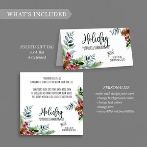 Puede incluir: Una etiqueta de regalo doblada con un dise&ntilde;o de acuarela de ramas de pino, bayas y pi&ntilde;as. El texto dice "Holiday Potpourri Simmering Kit" y "De Helen Griswold".