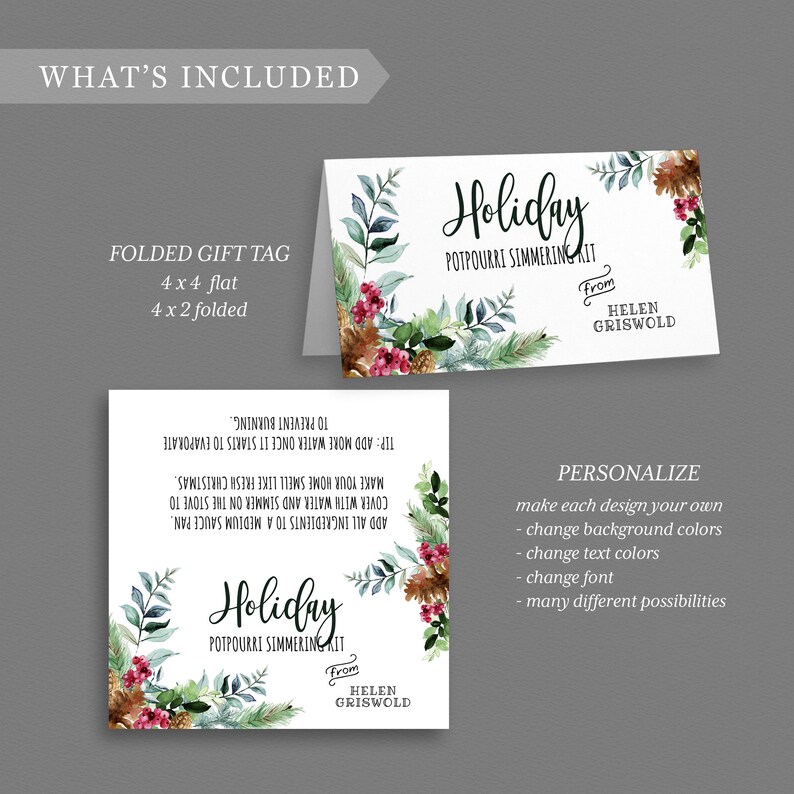 Puede incluir: Una etiqueta de regalo doblada con un dise&ntilde;o de acuarela de ramas de pino, bayas y pi&ntilde;as. El texto dice "Holiday Potpourri Simmering Kit" y "De Helen Griswold".