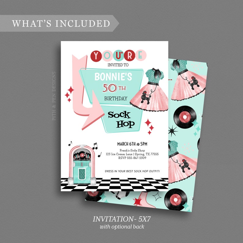 Retro 50's Birthday Party Invitation Printable Sock Hop - Etsy