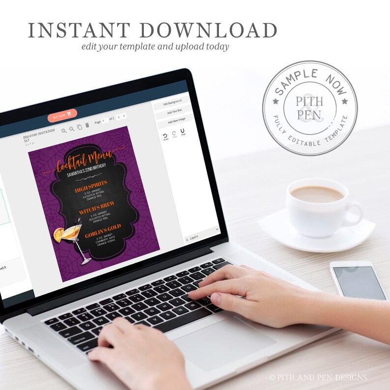 May include: A laptop displaying a Halloween-themed cocktail menu template with the text "Instant Download". The menu features a purple background with a spiderweb design and cocktail illustrations. A cup of coffee and a smartphone are on the table.