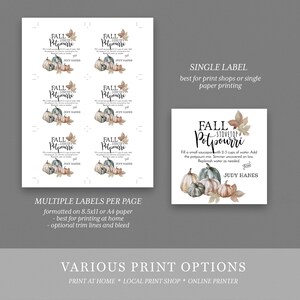 May include: Printable label for fall stovetop potpourri. The label features a watercolor illustration of pumpkins and leaves in shades of green, brown, and beige. The text reads "Fall Stovetop Potpourri" and includes instructions for use. The label is designed by Judy Hanes.