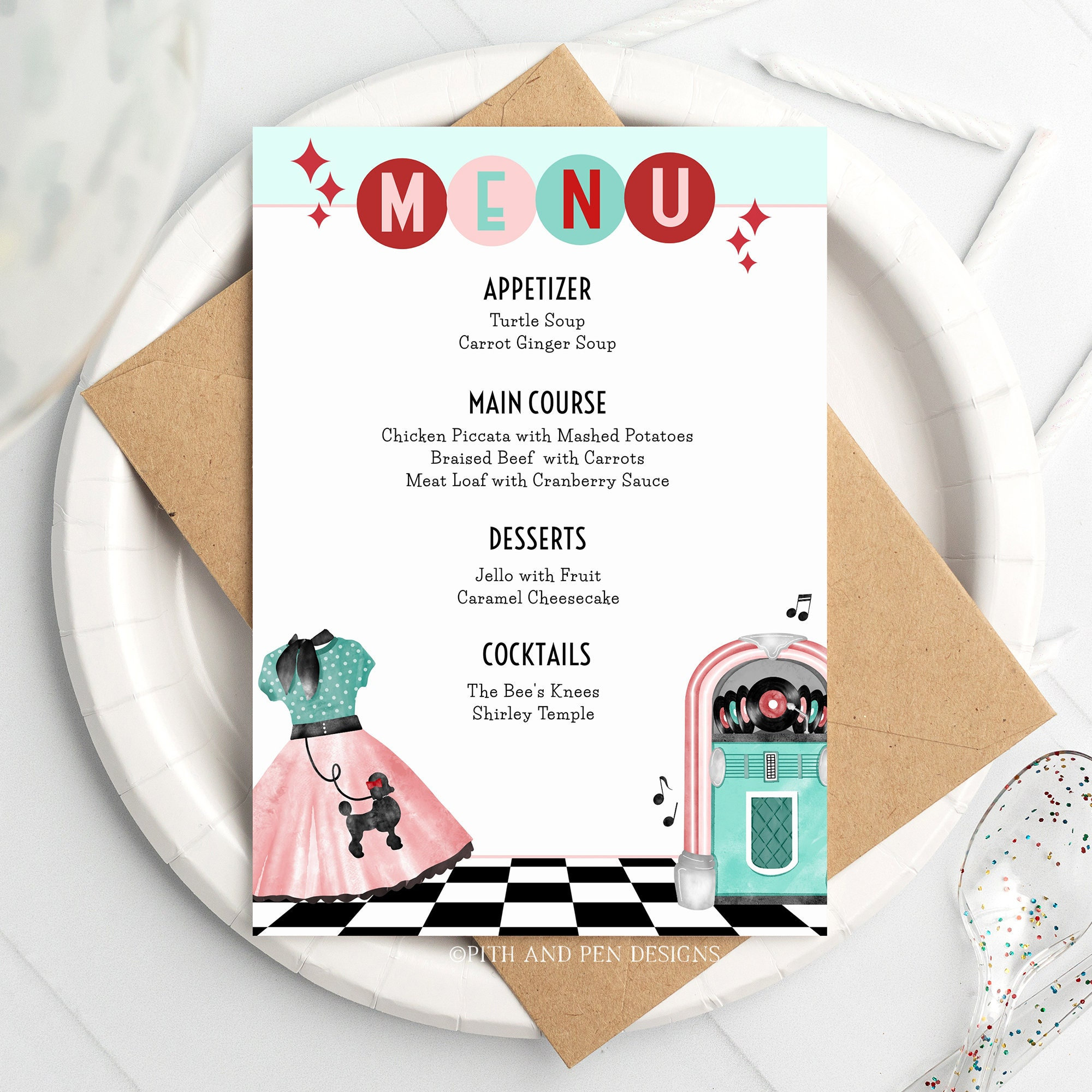 50's Retro Menu, Sock Hop Party, Instant Download, Corjl #049-28 M