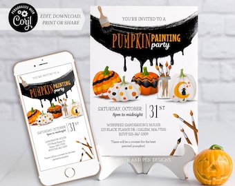 Pumpkin Painting Party Invitation | Kids Halloween | Printable and Digital - Corjl #014-081PI