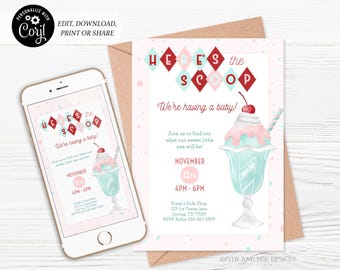 May include: A pink and white baby shower invitation with a red and white ice cream sundae graphic. The text reads "Here's the Scoop" and "We're having a baby!" The invitation includes the date and time of the event, the location, and RSVP information.