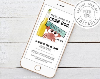 Digital Crab Boil Party Invitation, Phone Summer Evite, Instant Download, Corjl #037-03DI