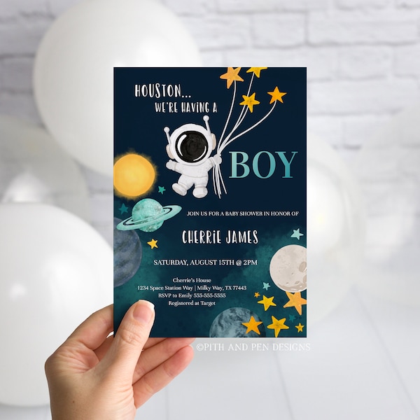 Editable Space Baby Boy Shower Invitation, DIY Printable Card, Instant Download, Corjl #042-01PI