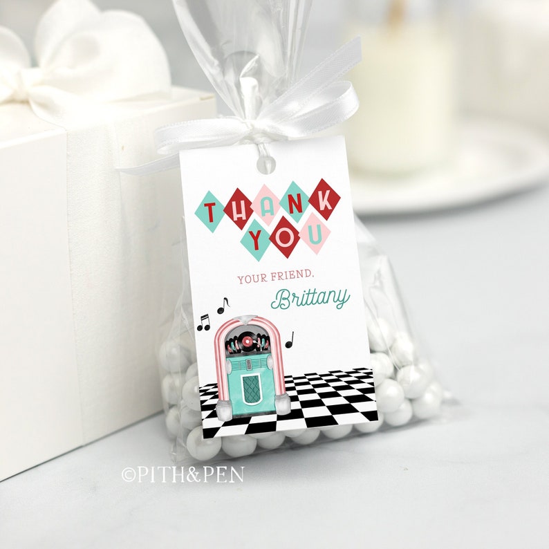 50's Party Gift Tag, EDITABLE Thank You Tag, Instant Download, Corjl 049-22GT image 1