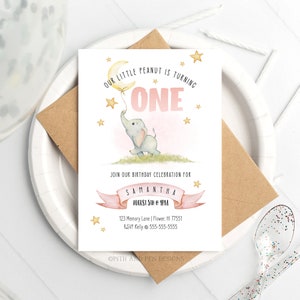 Invitación al primer cumpleaños de Elephant, tarjeta de niña imprimible, descarga instantánea, Corjl #059-07PI